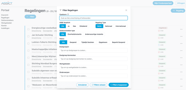 An example of the filtering options available on the regelingen page enabling users to quickly find relevant grants.