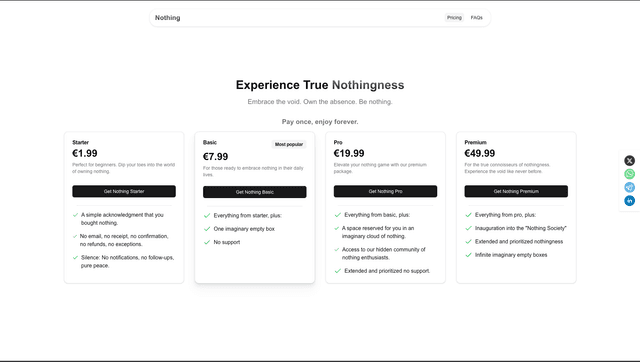 The pricing section of Buy Nothing Today, directly integrated with Stripe.