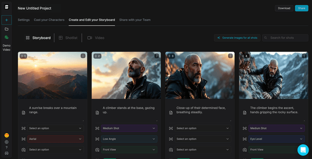 An example of the storyboard dashboard where users can manage the generated images of the story.